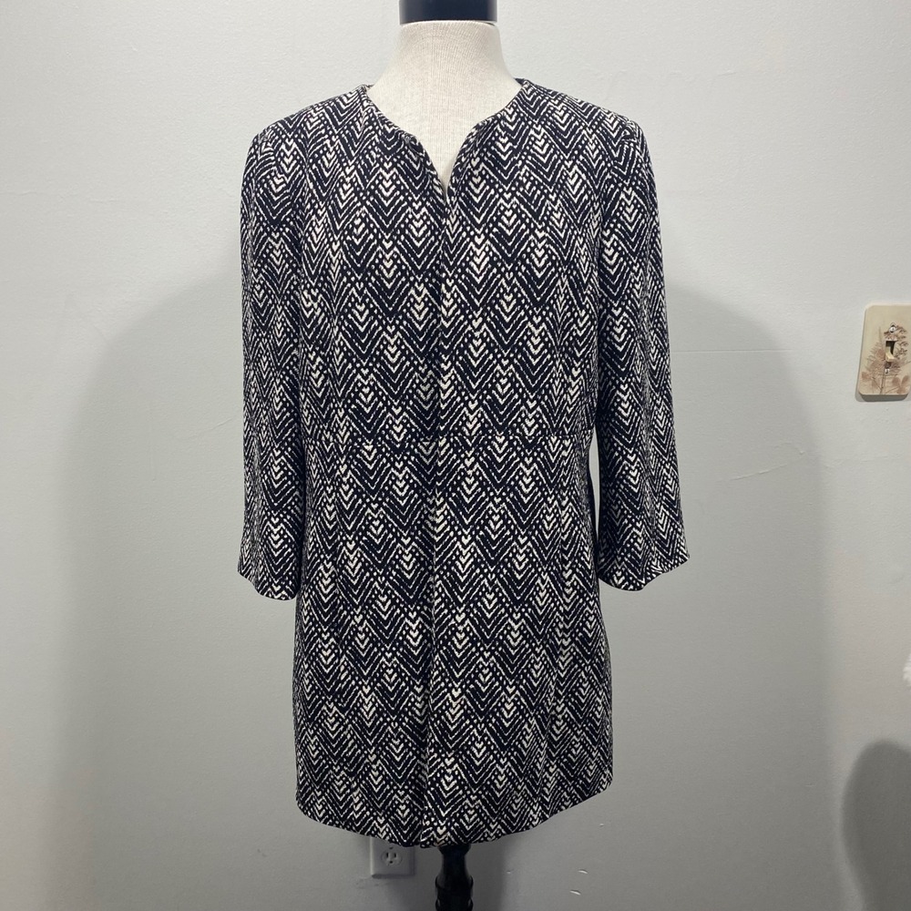 JONES STUDIO Women's 14 Open Front Black White Geometric Print Collarless Jacket